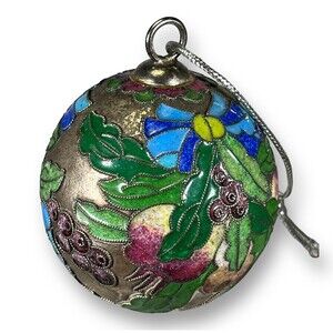 Cloisonne Enameled Silver Fruit And Floral Christmas Ball Vintage Ornament